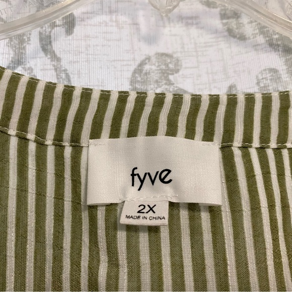 Fyve Button Up Lightweight Roll Tab Sleeve Striped Ombré Shirt Green White 2X - Picture 6 of 7